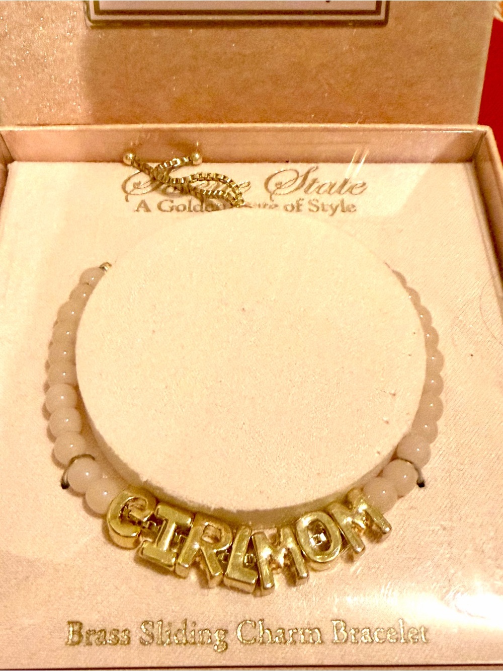 Brass Sliding Charm Bracelet with Gold 'GIRL MOM' Letters - blush Beads